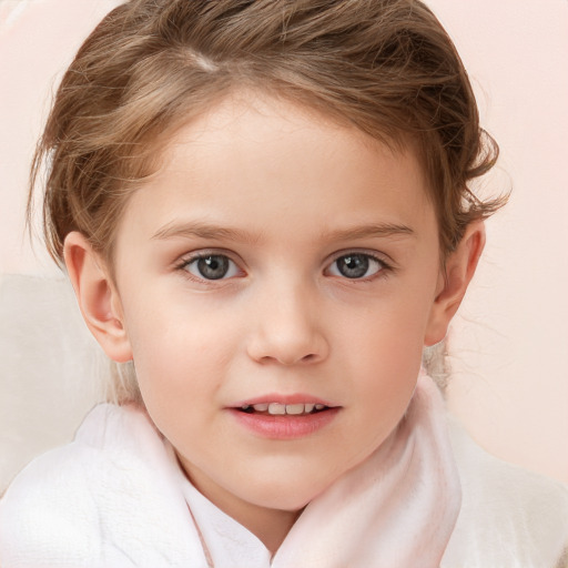 Joyful white child female with medium  brown hair and blue eyes