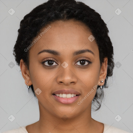 Joyful latino young-adult female with short  black hair and brown eyes