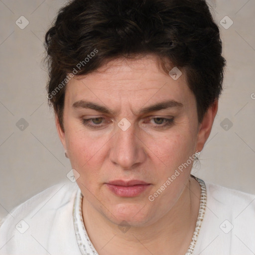 Joyful white adult female with short  brown hair and brown eyes