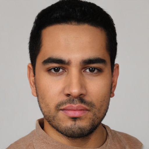 Neutral latino young-adult male with short  black hair and brown eyes