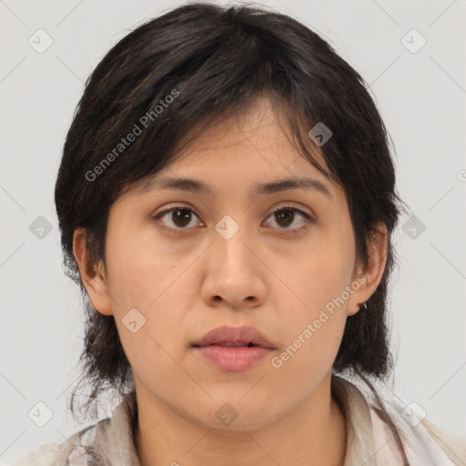 Neutral asian young-adult female with medium  brown hair and brown eyes