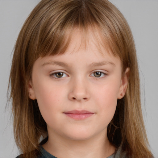 Neutral white child female with medium  brown hair and grey eyes