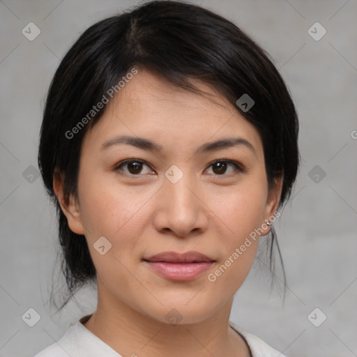 Joyful asian young-adult female with medium  brown hair and brown eyes