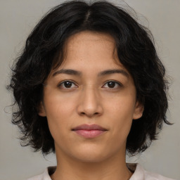 Neutral asian young-adult female with medium  brown hair and brown eyes