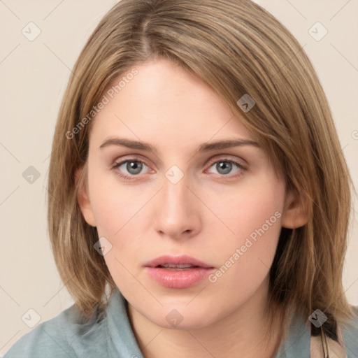 Neutral white young-adult female with medium  brown hair and grey eyes