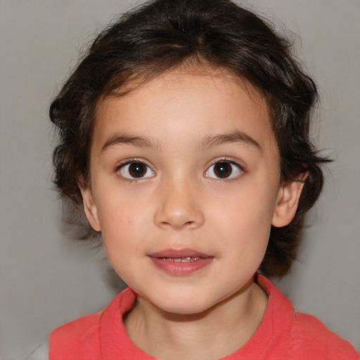 Joyful white child female with medium  brown hair and brown eyes