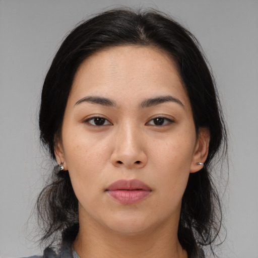 Neutral asian young-adult female with medium  black hair and brown eyes