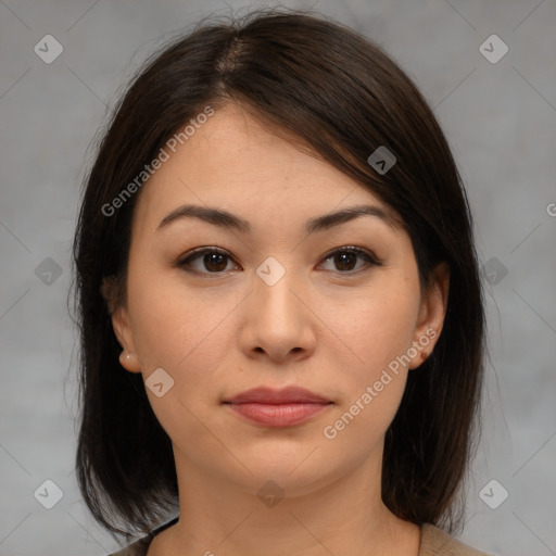 Neutral asian young-adult female with medium  brown hair and brown eyes