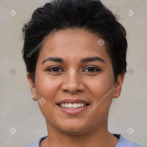 Joyful latino young-adult female with short  brown hair and brown eyes