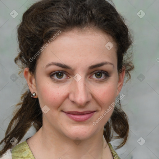 Joyful white young-adult female with medium  brown hair and green eyes