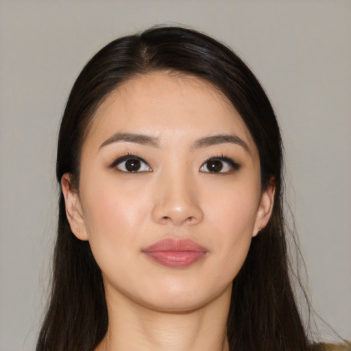 Neutral asian young-adult female with long  brown hair and brown eyes