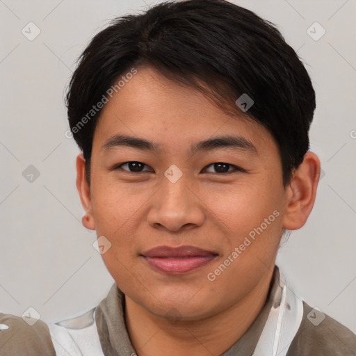 Joyful asian young-adult female with short  brown hair and brown eyes