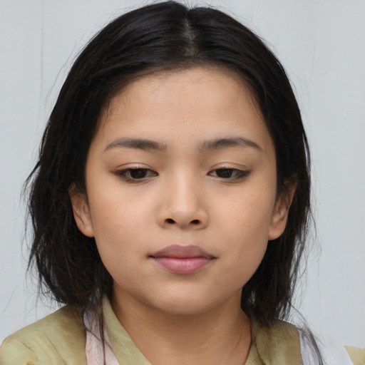 Neutral asian child female with medium  black hair and brown eyes