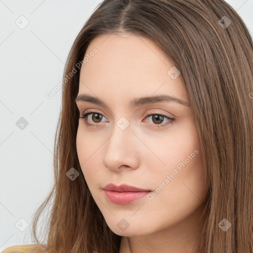 Neutral white young-adult female with long  brown hair and brown eyes