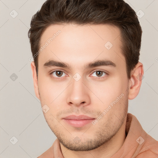 Neutral white young-adult male with short  brown hair and brown eyes