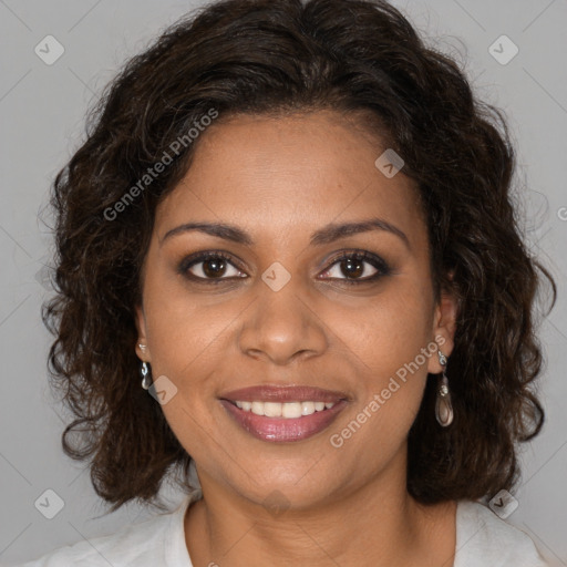 Joyful black young-adult female with medium  brown hair and brown eyes