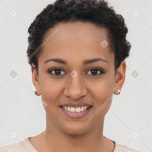 Joyful latino young-adult female with short  brown hair and brown eyes