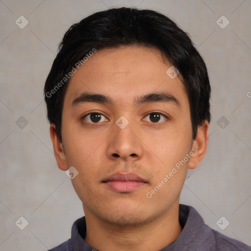 Neutral asian young-adult male with short  black hair and brown eyes