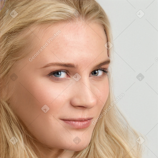 Joyful white young-adult female with long  blond hair and blue eyes