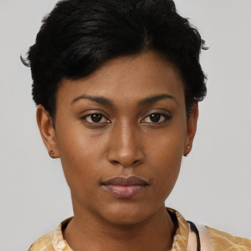 Neutral latino young-adult female with short  black hair and brown eyes