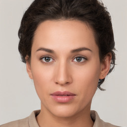 Neutral white young-adult female with short  brown hair and brown eyes