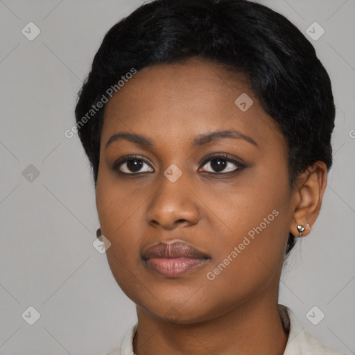 Neutral black young-adult female with short  black hair and brown eyes