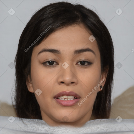 Joyful asian young-adult female with medium  brown hair and brown eyes