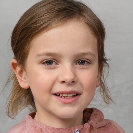 Joyful white child female with medium  brown hair and blue eyes