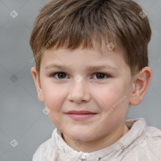 Joyful white child male with short  brown hair and grey eyes