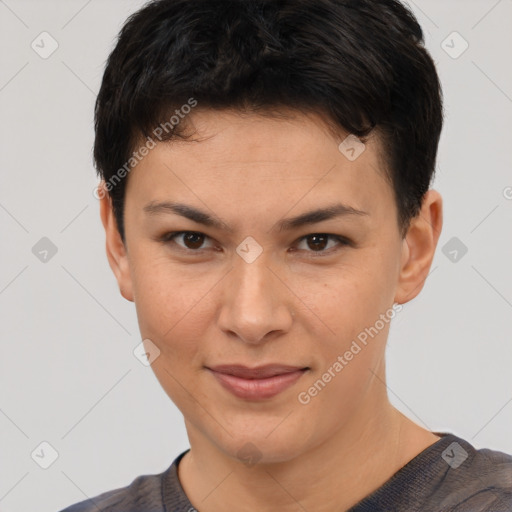 Joyful white young-adult female with short  brown hair and brown eyes