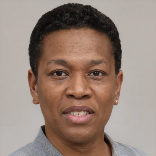 Joyful black adult male with short  black hair and brown eyes