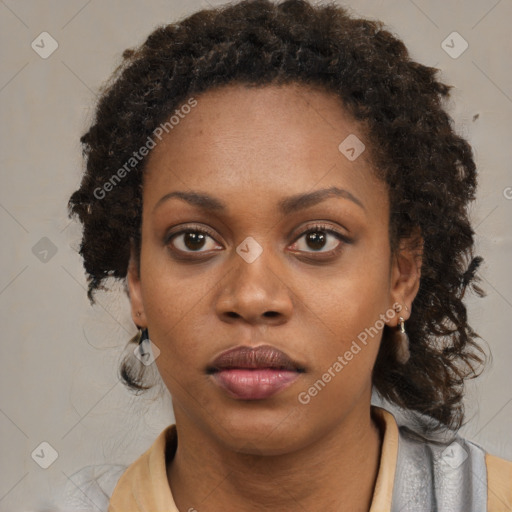 Neutral black young-adult female with medium  brown hair and brown eyes