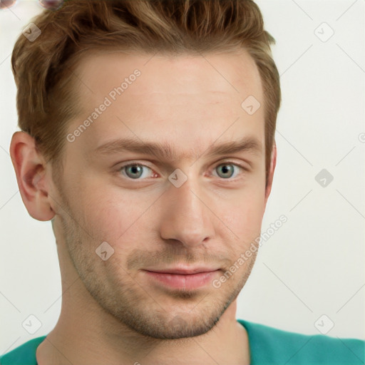 Neutral white young-adult male with short  brown hair and grey eyes