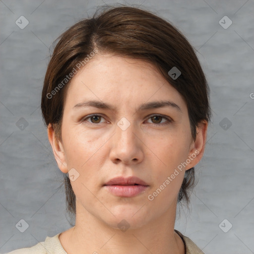 Neutral white young-adult female with short  brown hair and brown eyes