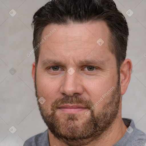 Neutral white adult male with short  brown hair and brown eyes