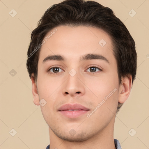 Neutral white young-adult male with short  brown hair and brown eyes