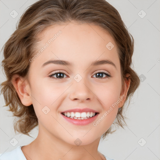 Joyful white child female with medium  brown hair and brown eyes