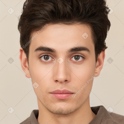 Neutral white young-adult male with short  brown hair and brown eyes