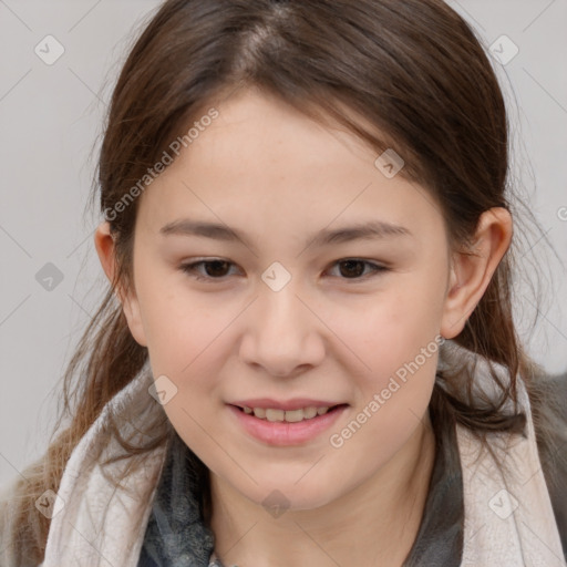 Joyful white child female with medium  brown hair and brown eyes