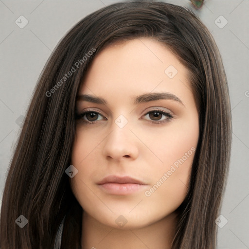 Neutral white young-adult female with long  brown hair and brown eyes