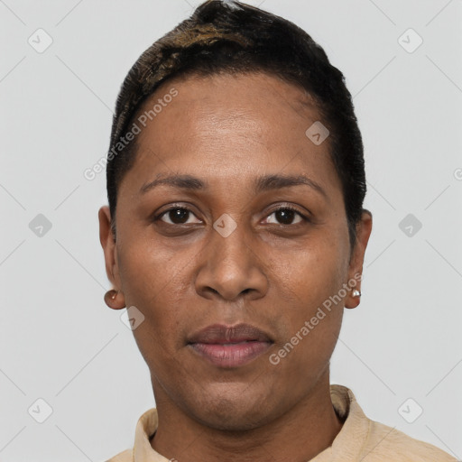 Neutral black adult female with short  black hair and brown eyes
