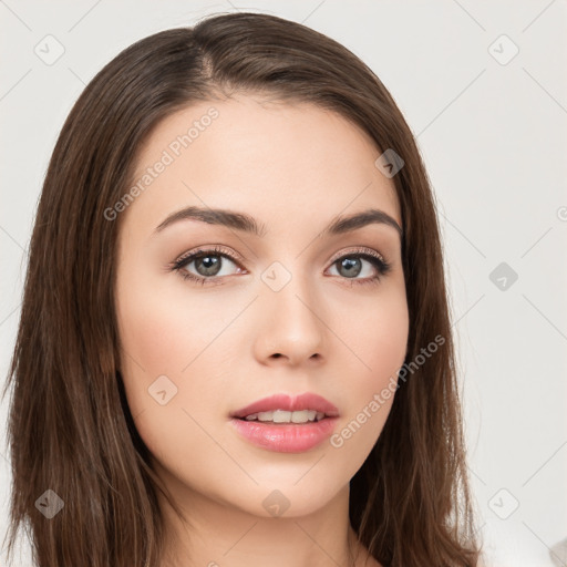 Neutral white young-adult female with long  brown hair and brown eyes