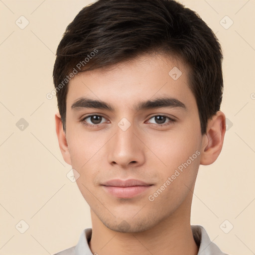 Neutral white young-adult male with short  brown hair and brown eyes