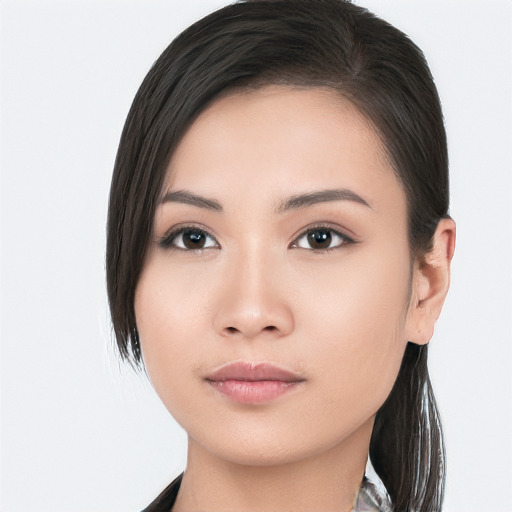 Neutral asian young-adult female with long  black hair and brown eyes