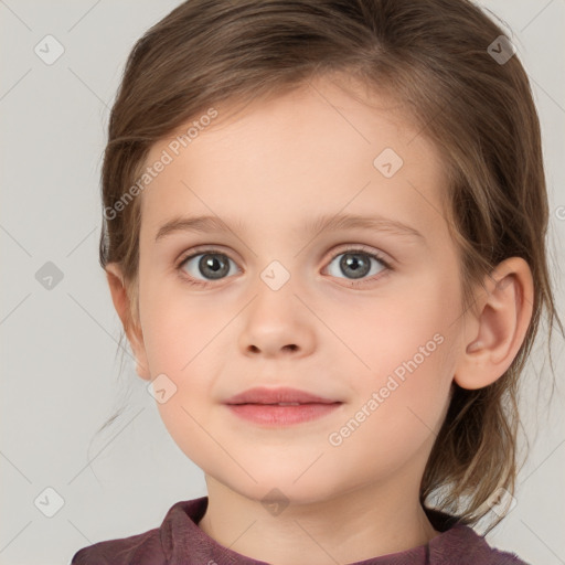 Joyful white child female with medium  brown hair and grey eyes