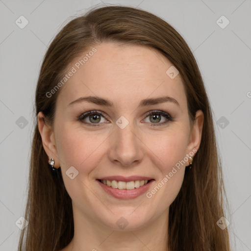 Joyful white young-adult female with long  brown hair and grey eyes