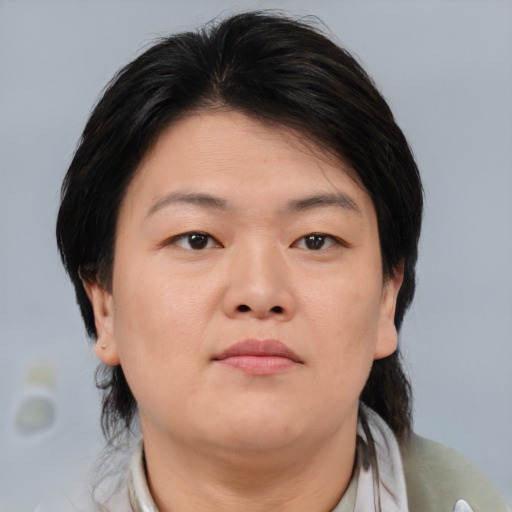 Neutral asian adult female with medium  brown hair and brown eyes