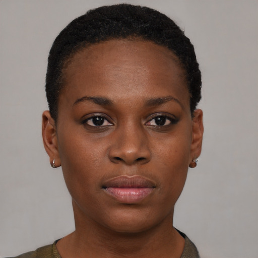 Neutral black young-adult female with short  black hair and brown eyes