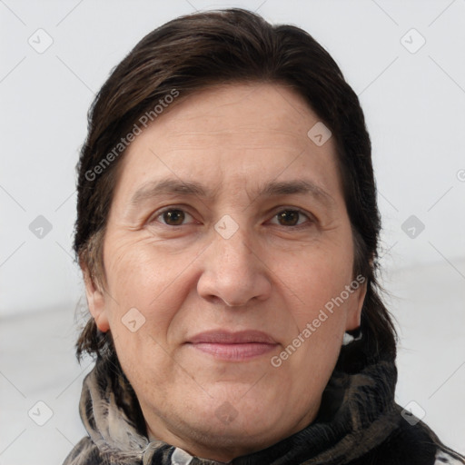 Joyful white adult female with short  brown hair and brown eyes