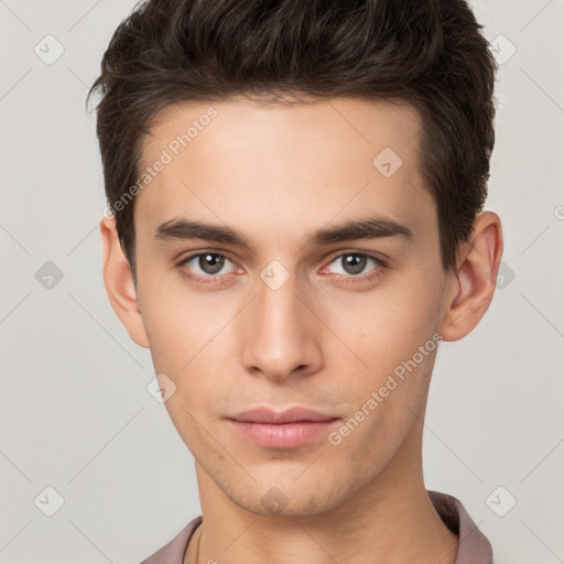 Neutral white young-adult male with short  brown hair and brown eyes